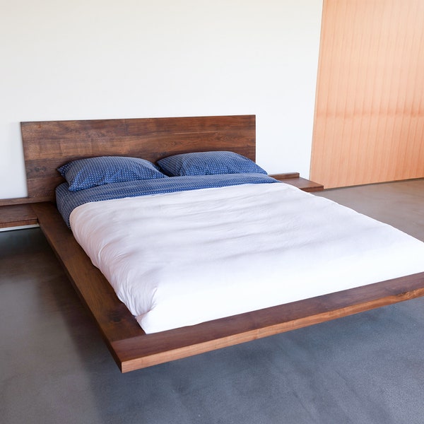 Cama con plataforma Wabi Sabi de nogal: minimalista escandinava, tamaño king o queen