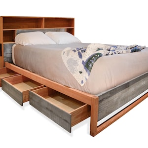 Platform storage bed, Cherry and reclaimed wood, headboard storage and charging, Bed with drawers, Queen bed, King bed, Underbed drawers, image 1
