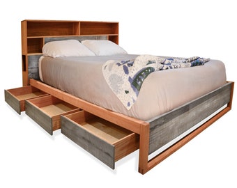 Platform storage bed, Cherry and reclaimed wood, headboard storage and charging, Bed with drawers, Queen bed, King bed, Underbed drawers,