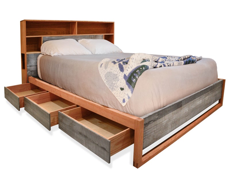 Platform storage bed, Cherry and reclaimed wood, headboard storage and charging, Bed with drawers, Queen bed, King bed, Underbed drawers, image 1