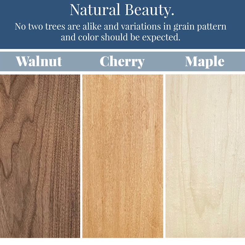 Puede incluir: Primer plano de tres muestras de madera: nogal, cerezo y arce. Los patrones de veta de la madera y los colores son distintos, mostrando la belleza natural de cada tipo.