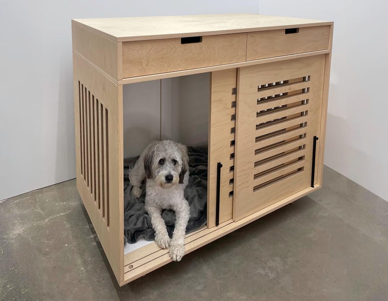 Jaula para perros de madera de nogal con cajones: mesa auxiliar tipo perrera no tóxica imagen 2