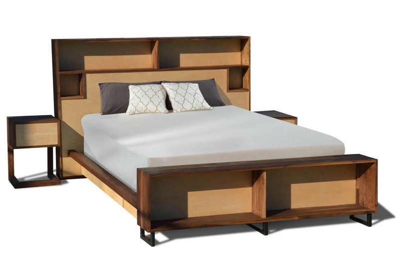 Walnut Maple Platform Bed Storage Headboard Charging Image 0