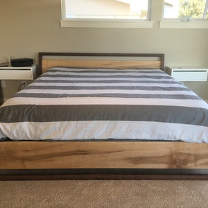 Maple & Walnut platform bed with storage, Slanted headboard, Solid wood platform bed with drawers, Queen bed, King bed,