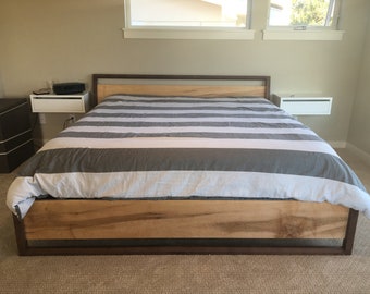 Maple & Walnut platform bed with storage, Slanted headboard, Solid wood platform bed with drawers, Queen bed, King bed,