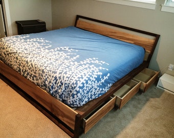 Modern Maple & Walnut Platform Bed with Storage, Bed with drawers, Underbed storage, King bed, Queen bed,