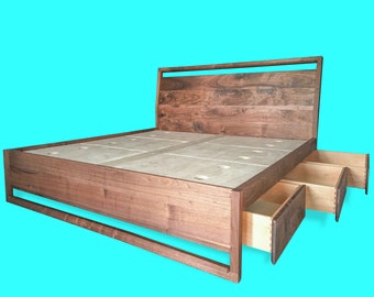 Walnut Storage Bed, Underbed Drawers, Solid walnut, Solid wood platform bed, Contemporary bedroom furniture