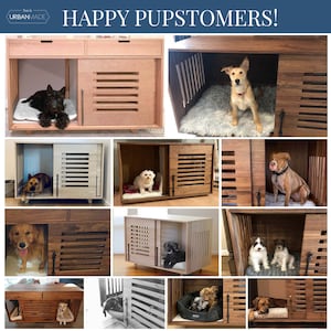 K&ouml;nnte beinhalten: Eine Collage aus Bildern, die verschiedene Hundeboxen aus Holz zeigen. Die Boxen haben unterschiedliche Gr&ouml;&szlig;en, Stile und Oberfl&auml;chen, darunter ein helles Holz mit einer wei&szlig;en T&uuml;r und ein dunkleres Holz mit einer braunen T&uuml;r. Die Boxen werden mit Hunden verschiedener Rassen und Gr&ouml;&szlig;en darin gezeigt, was die Vielseitigkeit des Produkts demonstriert. Der Text "HAPPY PUPSTOMERS!" ist oben auf der Collage zu sehen.