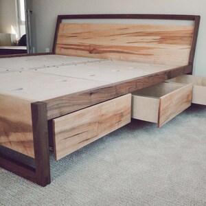 Walnut and Figured Maple Storage Bed,  Platform Bed,  Slanted Headboard,  Eco Finishes, Carb II Compliant Material