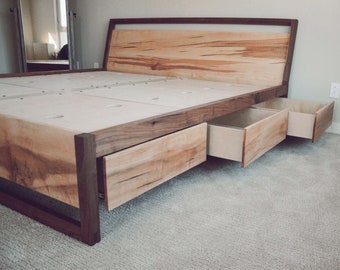 Walnut and Figured Maple Storage Bed,  Platform Bed,  Slanted Headboard,  Eco Finishes, Carb II Compliant Material