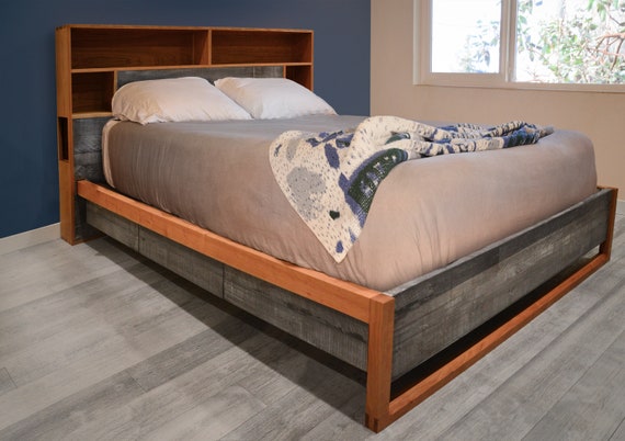 Platform Storage Bed Cherry And Reclaimed Wood Headboard Etsy