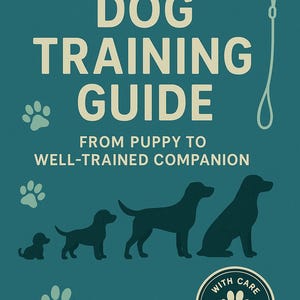 May include: A teal book cover with the title "THE COMPLETE DOG TRAINING GUIDE" in large white letters. The cover features silhouettes of dogs at different growth stages, paw prints, and a leash graphic.