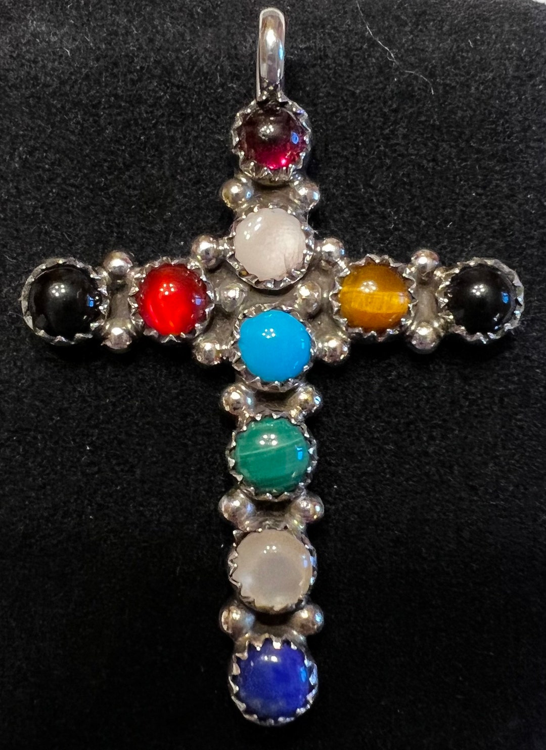 Vintage Large L.B. Sterling Silver Cross Pendant Slide Multi Colored ...
