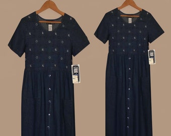 Womens Denim Dress- Denim Jean Dress- Blue Jean Dress- Denim Maxi Dress- Embroidered Denim Dress-  Long Denim Dress- Tie Back Denim Dress