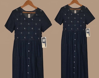 Damen Jeanskleid- Denim Jeanskleid- Blaues Jeanskleid- Denim Maxikleid- Besticktes Jeanskleid- Langes Jeanskleid- Jeanskleid mit Bindegürtel