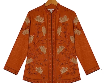 Silk Kimono Jacket- Orange Kimono Jacket- Embroidered Silk Jacket- Oriental Short Silk Floral Kimono Jacket- Frog Closure Jacket—1X