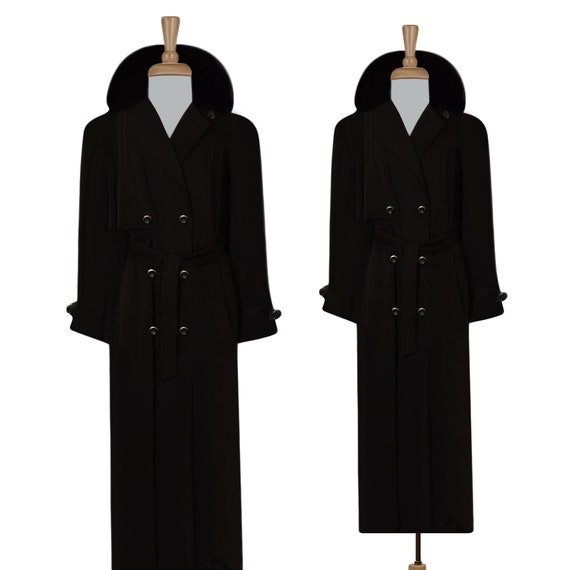 Womens Black Coat- Long Black Coat- Trench Coat- Winter Coat- Maxi Coat- Long Overcoat- Fur Collar- Insulated Warm Winter Coat- Belted Coat