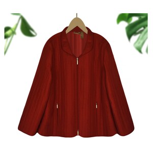 May include: A red quilted zip-up jacket with a stand-up collar.