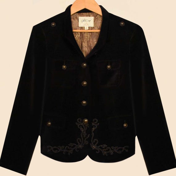 Womens Black Velvet Jacket- Cropped Black Velvet Jacket- Embroidered Velvet Cotton Jacket- Short Bohemian Black Velvet Coat
