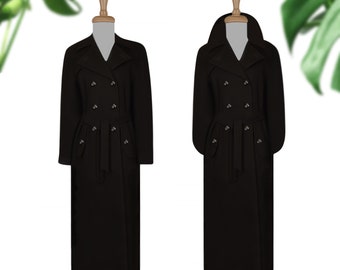 May include: Two black double-breasted coats with a belt and buttons on a white background.