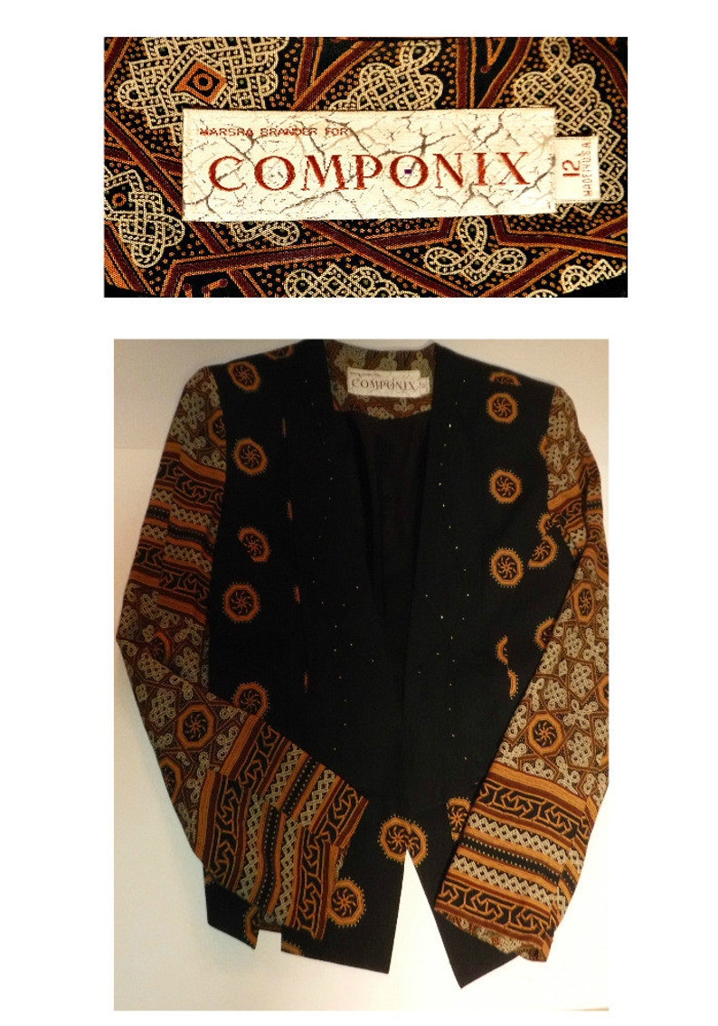 May include: A black blazer with a geometric pattern on the sleeves. The blazer has a label that reads "Marsha Brander for Componix 12 Made in Korea".