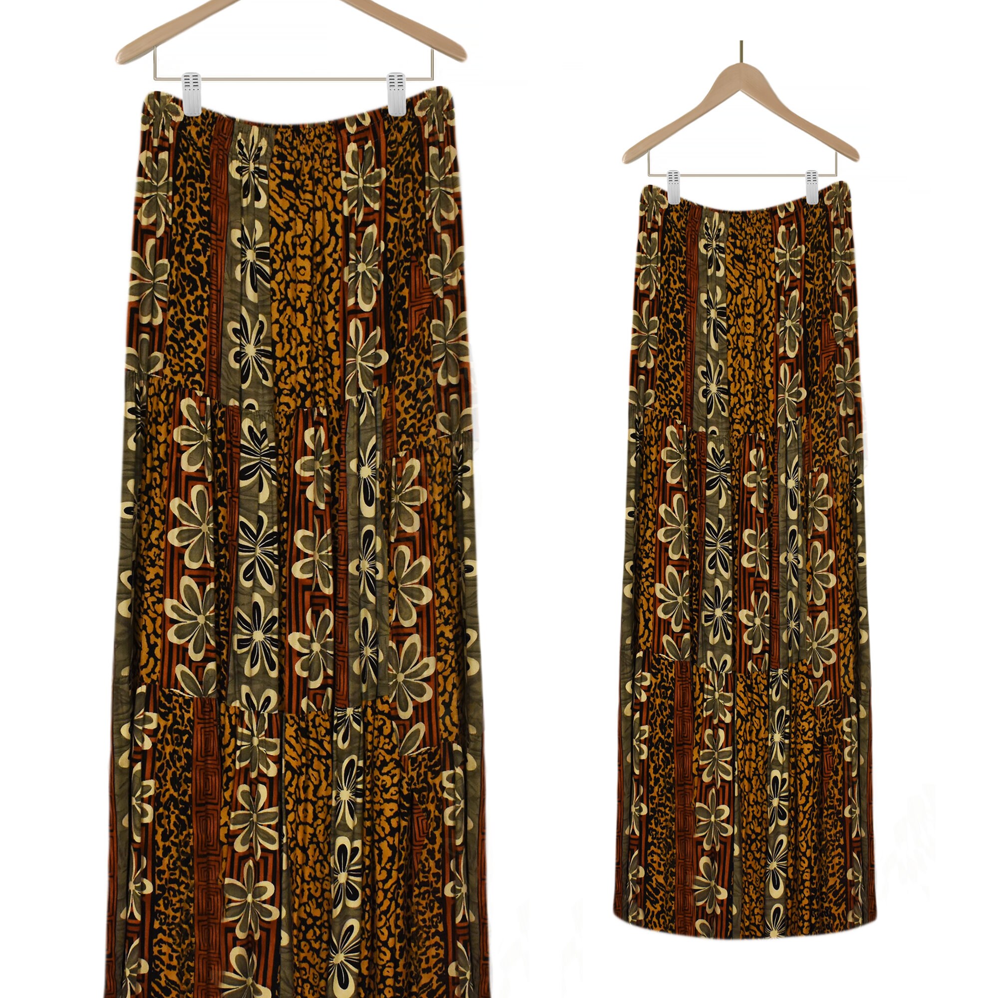 スカート 80s brown native pattern long skirt XL Striped Patchwork Gypsy Long Skirt in Earth Tones | Brown