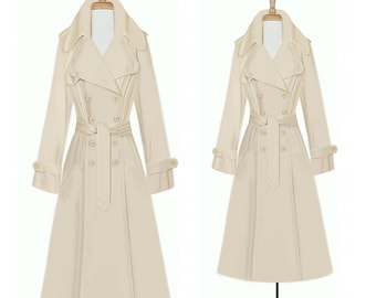 Women's Long White Coat- White Midi Coat- Long Belted White Pea Coat- Linen Cotton Blend Overcoat- Ladies Long Off-White Beige Trench Coat