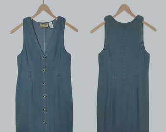 Denim Summer Dress- Jean Sundress- Blue Jean Acid Wash Denim Dress- Sleeveless Button Up Knee Length Jean Dress- Vintage Denim Dress Size 10