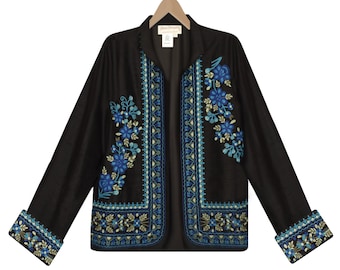 Norm Thompson Jacket- Embroidered Silk Jacket- Black and Blue Embroidered Silk Jacket- Silk Floral Jacket