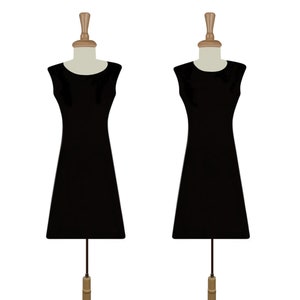 May include: Two black sleeveless dresses on mannequins with wooden heads and bases.