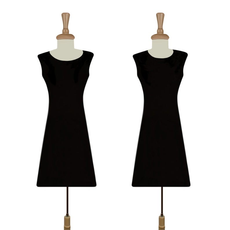 May include: Two black sleeveless dresses on mannequins with wooden heads and bases.