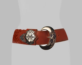 Wide Leather Buckle Belt- Mexican Belt- Oversize Buckle Belt- Copper Brown Leather Western Belt- Engraved Silver Buckle Belt- Rodeo Belt