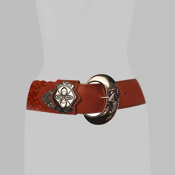 Wide Leather Buckle Belt- Mexican Belt- Oversize Buckle Belt- Copper Brown Leather Western Belt- Engraved Silver Buckle Belt- Rodeo Belt