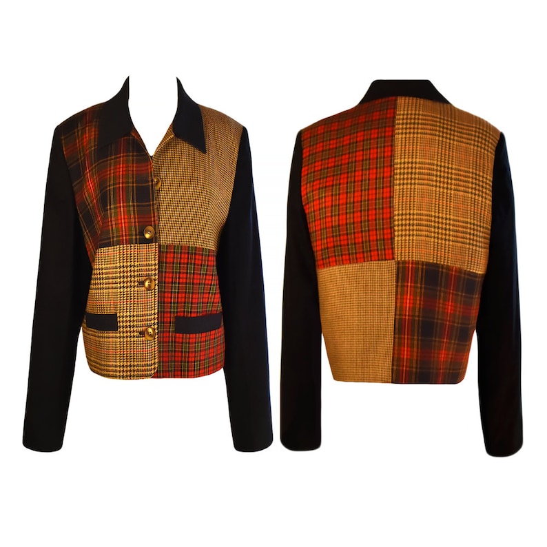 May include: A black blazer with a patchwork design featuring red, brown, and black plaid patterns.