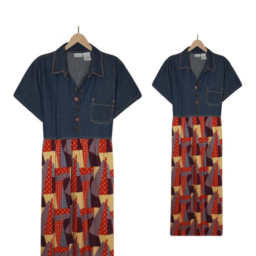 Denim Maxi Dress- Vintage Denim shops Dress- Patchwork Denim Dress- Jean Dress- Blue Jean Dress- Patchwork Quilt Dress- Long Maxi Denim Dress XL
