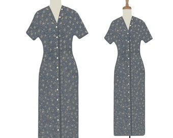 Robe Midi longue femme- robe boutonnée vintage- robe Eddie Bauer florale bleu clair- robe Boho Festival- robe Boho Casual Rayon