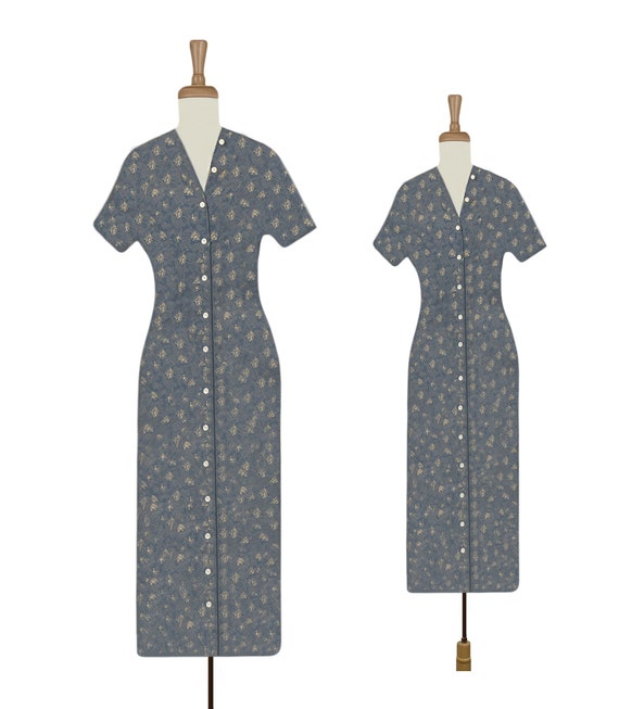 Women's Long Midi Dress- Vintage Button Up Dress- 
