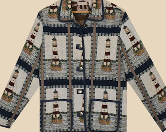 Vintage Gobelin Tapestry Coat: Nautical Sailing Landscape Hoodie