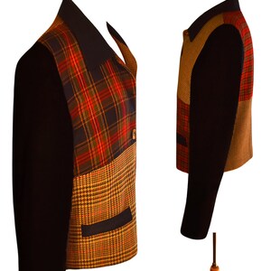 May include: A black, brown, and red plaid jacket with a black collar and a brown and black houndstooth pattern on the bottom. The jacket has a button closure and two pockets.