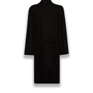 May include: A black long-sleeved coat with a belt and a collar.