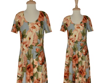 Robe florale pour femmes- Robe mi-longue- Robe florale vintage- Robe florale des années 80- Robe longue florale- Robe à manches courtes- Robe florale longue fluide- L