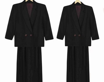 Talbots zwart rokkostuum | Kostuumset met midi-rok | Wollen rokkostuum | Tweedelig rokkostuum | Dameskostuum uit de jaren 80 | ILGWU 14