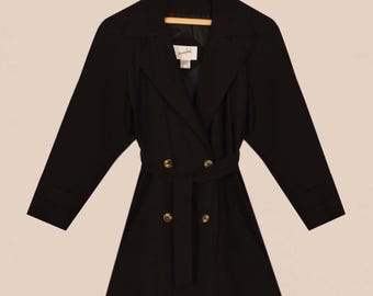 Gabardina Jacqueline Farrar - Gabardina corta y ligera - Abrigo negro con cinturón - Abrigo negro por encima de la rodilla para mujer - Gabardina negra corta