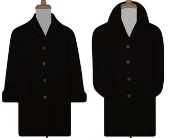 May include: Two black coats displayed on mannequins. Both coats have a long, straight silhouette with a collar and button fastening.