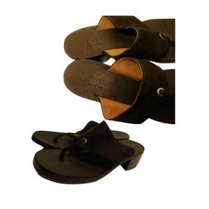 J Crew Sandals- Toe Strap Sandals- Mule Heel Sandals- Brown T Strap Sandals- Italian Made Sandals- T Strap Block Heel Sandals Suede Leather