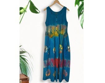 Women's Tie Dye Dress- Summer Dress- Boho Hippie Dress- Midi Tank Dress- Long Tank Dress- Sleeveless Retro Bohemian Dress- Festival Dress