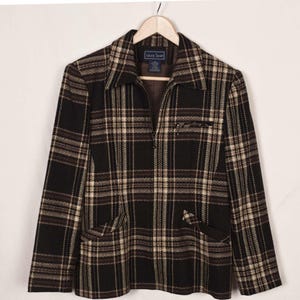 Vintage Laura Scott plaid wool jacket, brown & beige check coat with pockets, antique brass toggle zip jacket, women&#39;s brown checked coat