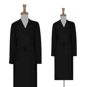 Puede incluir: Dos abrigos negros de doble botonadura con cinturones en maniquíes. Los abrigos tienen un estilo clásico de gabardina.