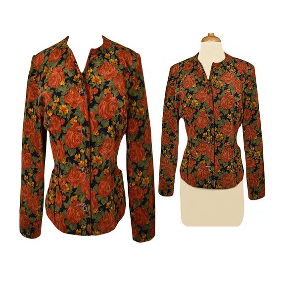 Floral Corduroy Jacket- Orange Corduroy Jacket- Small Corduroy Jacket- Vintage Corduroy Jacket- Retro Corduroy Jacket- Flower Jacket—S