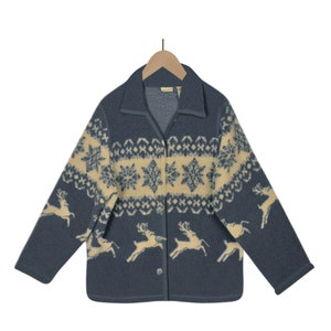 White Stag Jacket- Womens Sherpa Jacket- Christmas Sherpa Jacket- Nordic Jacket- Sherpa Coat- Light Blue Sherpa Snowflake Reindeer Jacket